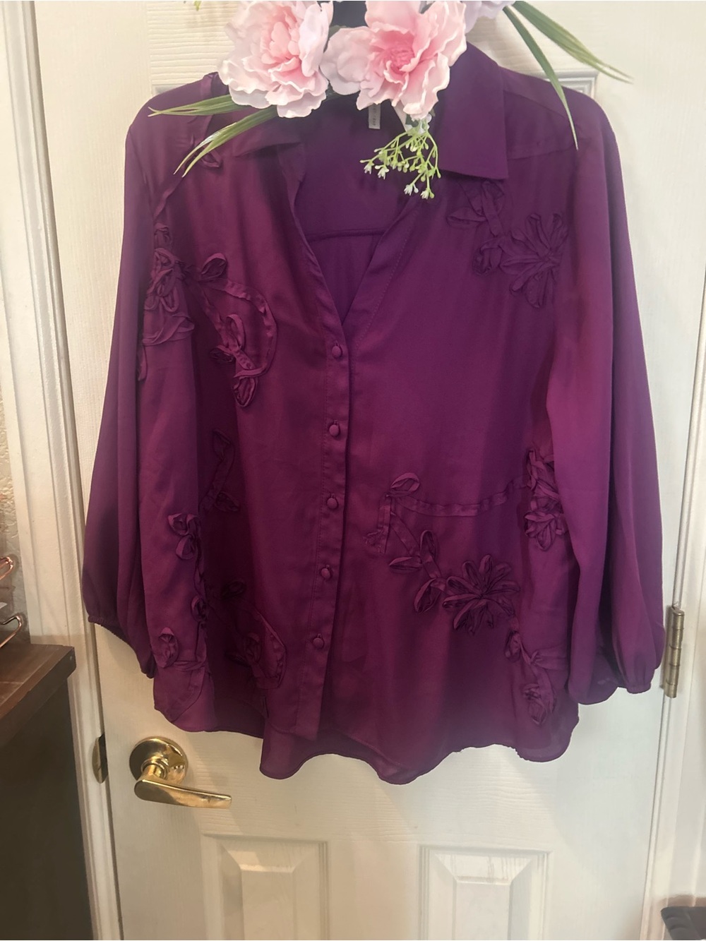 Cato Deep Plum Embroidered Button-Down Blouse size L.